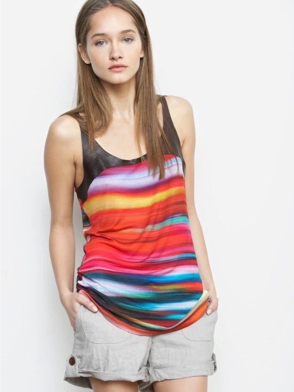 Striped Multicolor Scoop Neck Tank Top - Genuine Brown Leather Trim